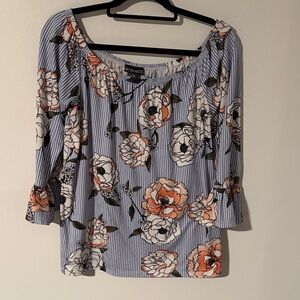 Floral Striped Blouse - Blue and Orange